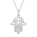 Lotus hamsa hand necklace in platinum-plated 925 sterling silver with openwork petals on white
