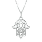 Lotus hamsa hand necklace in platinum-plated 925 sterling silver with openwork petals on white