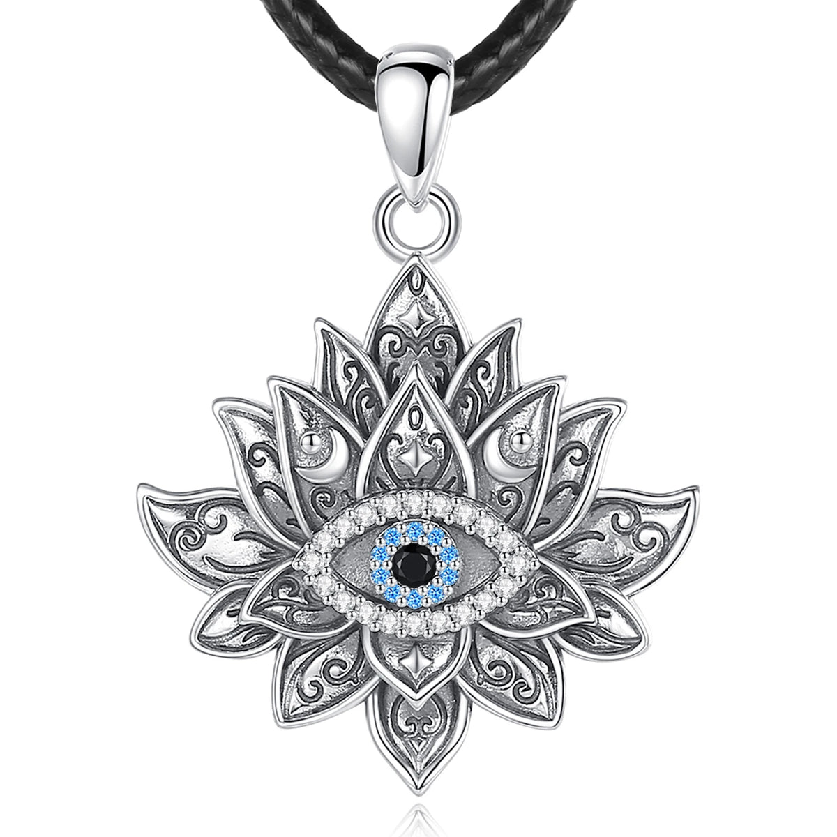 Lotus evil eye pendant on a black braided rope, with a blue stone ring around its black center