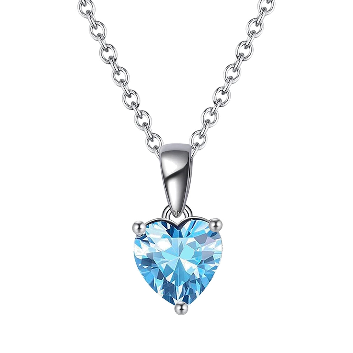 March light blue faceted heart pendant necklace on a white background