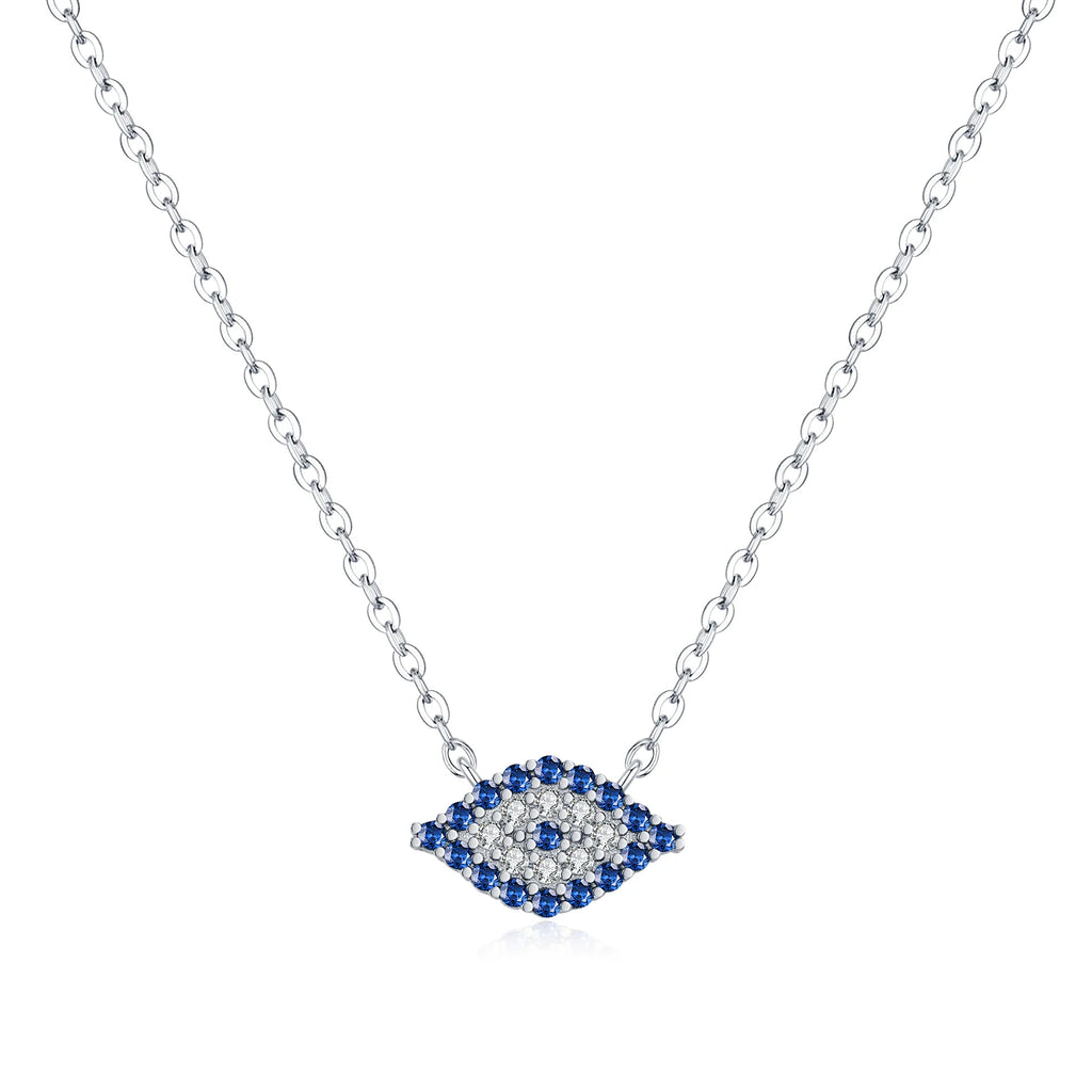 925 sterling silver marquise evil eye necklace on a white background with blue and clear CZ stones