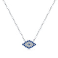 925 sterling silver marquise evil eye necklace on a white background with blue and clear CZ stones