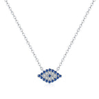 925 sterling silver marquise evil eye necklace on a white background with blue and clear CZ stones