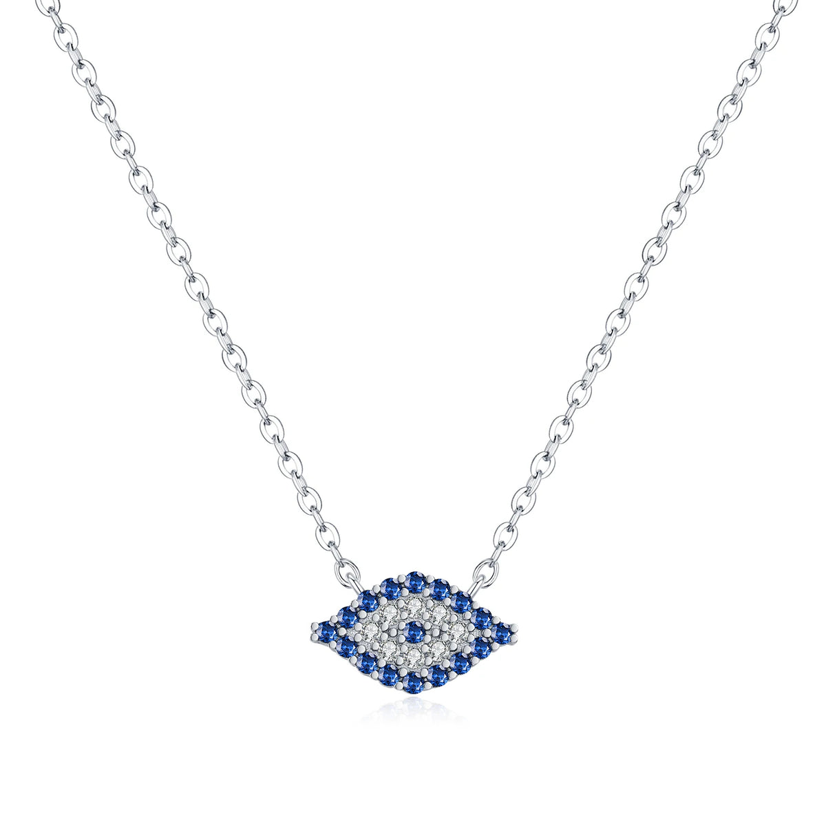 925 sterling silver marquise evil eye necklace on a white background with blue and clear CZ stones