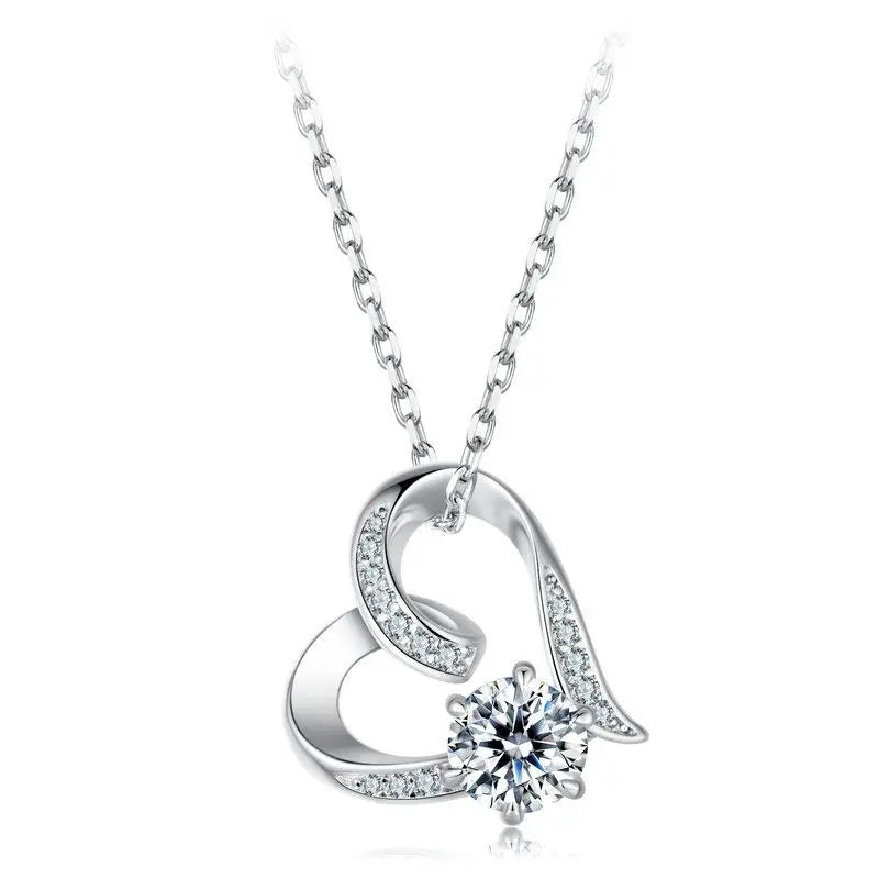 925 sterling silver open heart necklace with round moissanite on a white background