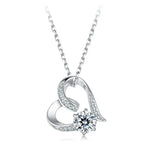 925 sterling silver open heart necklace with round moissanite on a white background