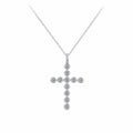 Moissanite silver cross necklace in 925 sterling silver with eleven round bezel-set stones on white