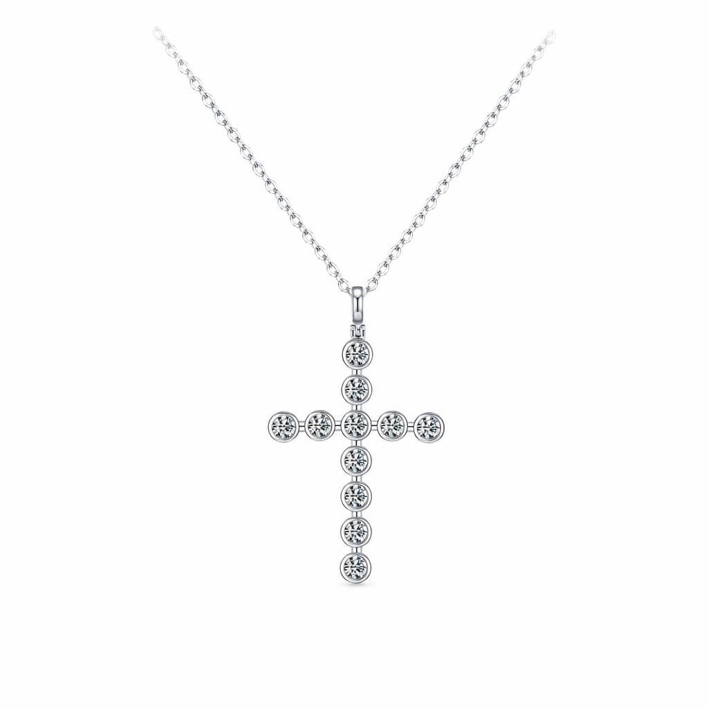 Moissanite silver cross necklace in 925 sterling silver with eleven round bezel-set stones on white