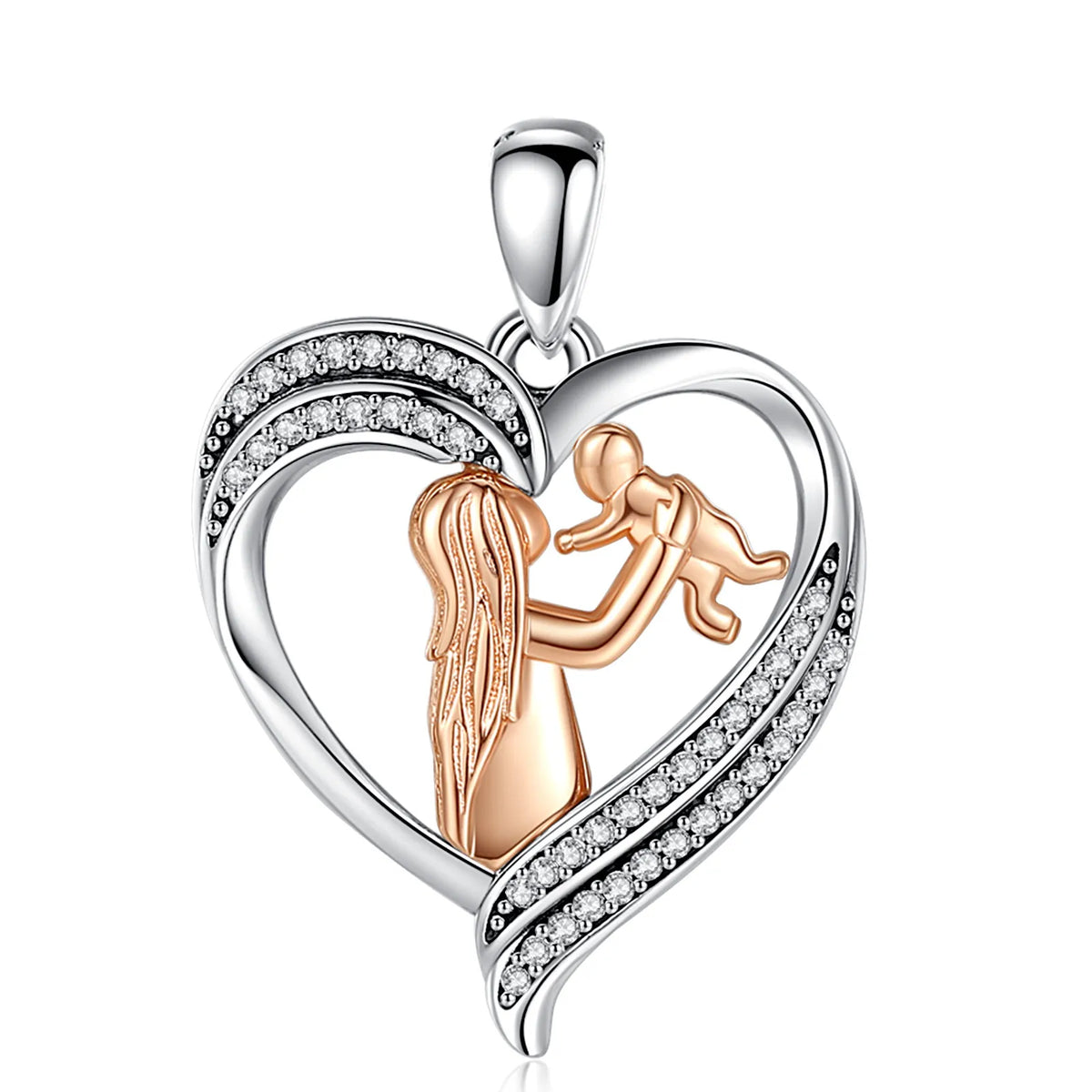 Pendant-only view of the open heart with a mother lifting her baby and two rows of CZ stones