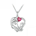 Mother and child heart necklace in platinum-plated 925 sterling silver with a red heart CZ stone