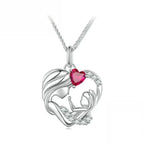 Mother and child heart necklace in platinum-plated 925 sterling silver with a red heart CZ stone
