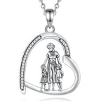 Mother of two heart necklace in 925 sterling silver with CZ-lined open heart and family figures