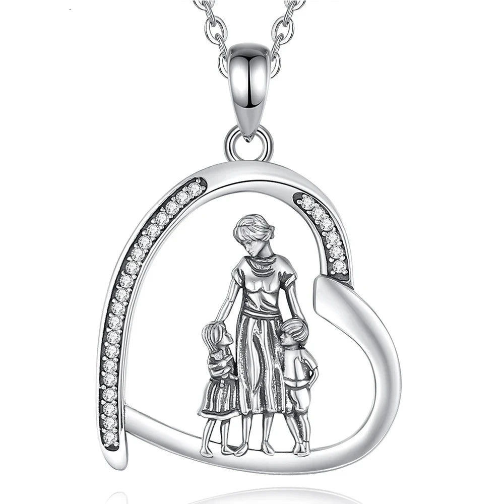 Mother of two heart necklace in 925 sterling silver with CZ-lined open heart and family figures