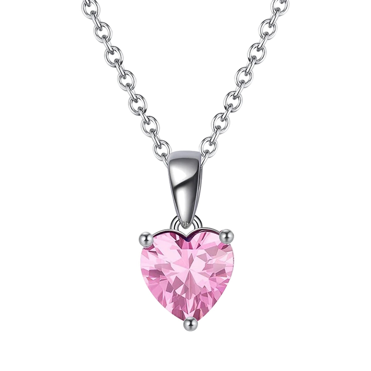 October pink faceted heart pendant necklace on a white background