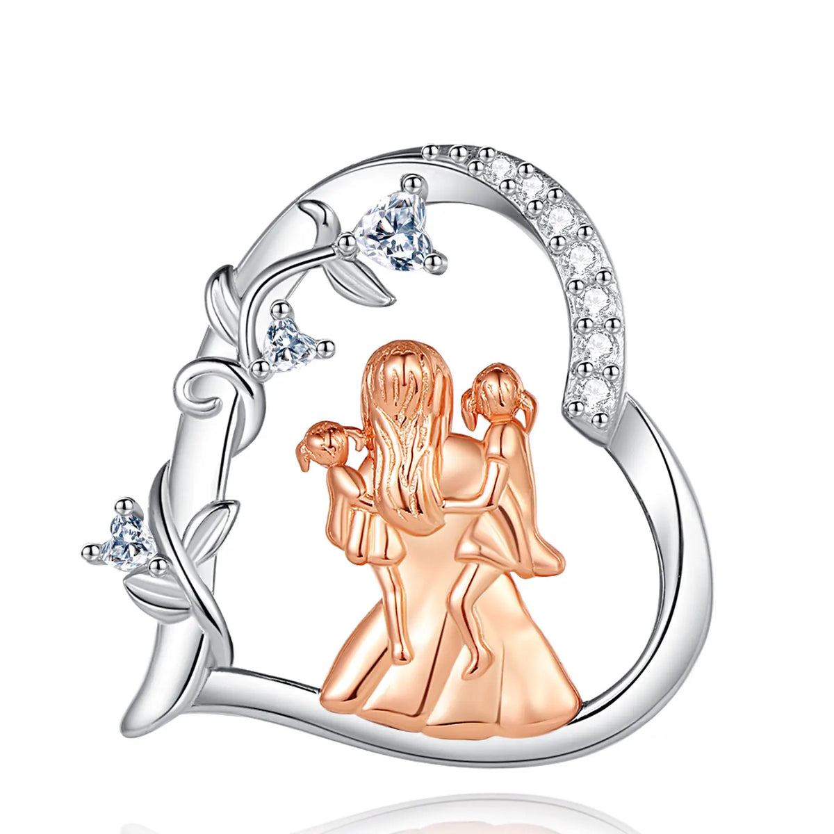 Close-up of the openwork heart pendant with rose-gold-colored figures, vine, and heart-shaped CZ stones