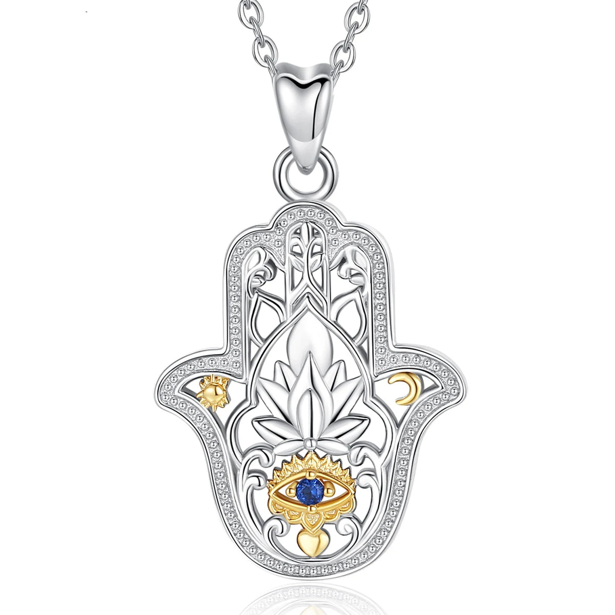 Ornate hamsa hand necklace in 925 sterling silver with a blue eye, lotus, sun and crescent on white