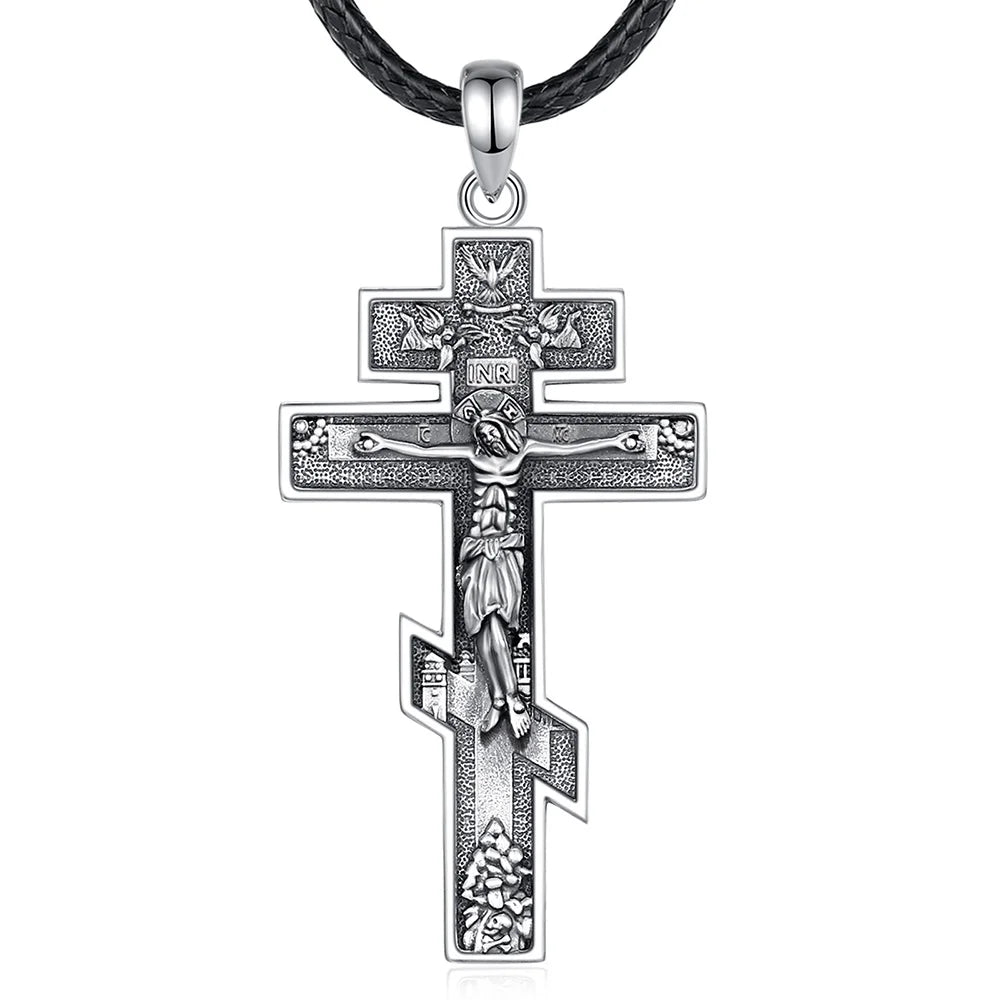 925 sterling silver Orthodox cross pendant on a black rope cord, with Christ and INRI relief