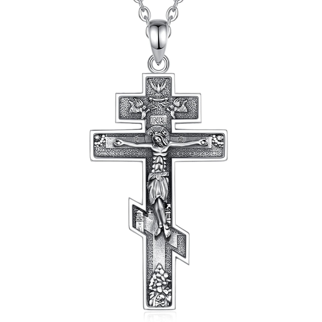 Three-bar Orthodox cross on a fine 925 sterling silver cable-link chain against a white background