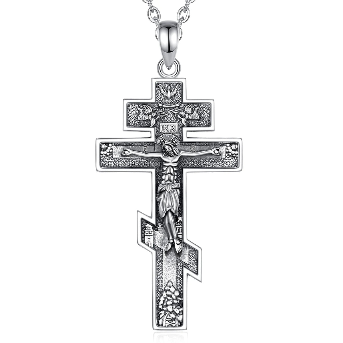 Three-bar Orthodox cross on a fine 925 sterling silver cable-link chain against a white background