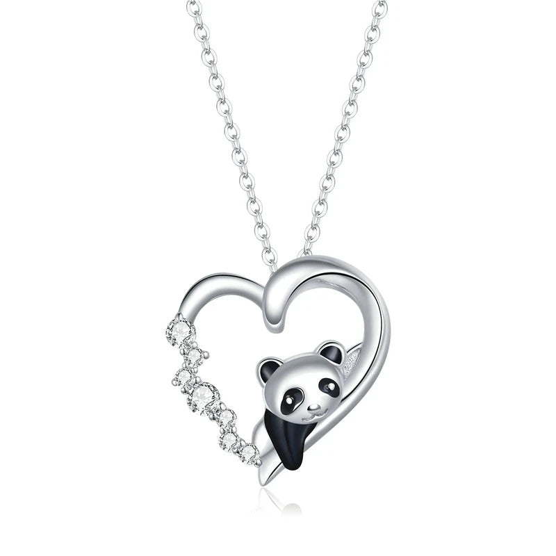 Panda heart necklace in 925 sterling silver with black enamel panda and cubic zirconia stones on white
