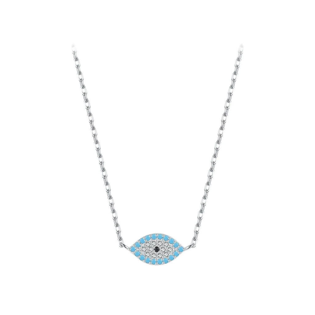 Pave evil eye necklace in 925 sterling silver with blue stones and a black center on white