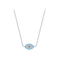 Pave evil eye necklace in 925 sterling silver with blue stones and a black center on white