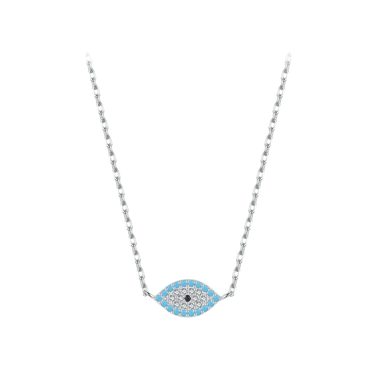 Pave evil eye necklace in 925 sterling silver with blue stones and a black center on white