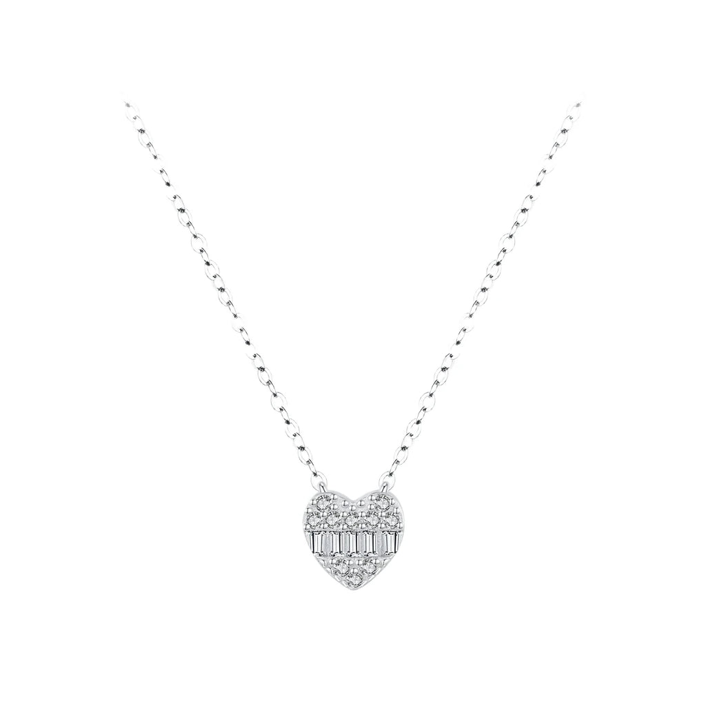 Pave heart necklace in 925 sterling silver with clear CZ stones and a rectangular center row on white