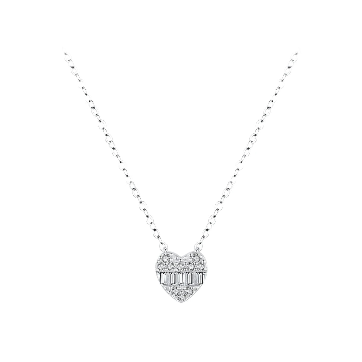 Pave heart necklace in 925 sterling silver with clear CZ stones and a rectangular center row on white