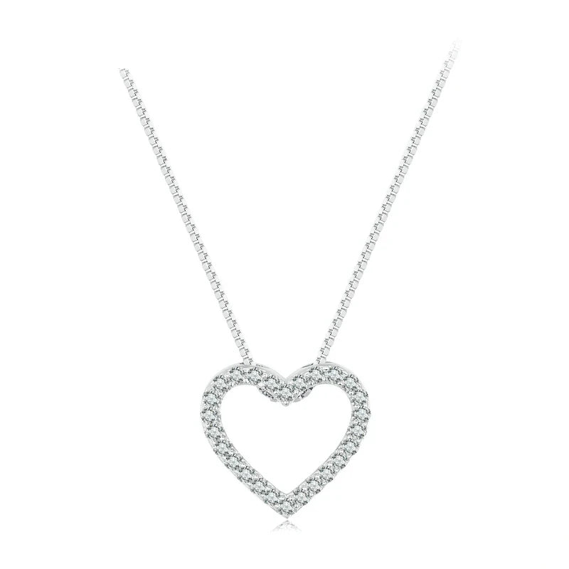 Pave open heart necklace in 925 sterling silver with moissanite stones on a white background