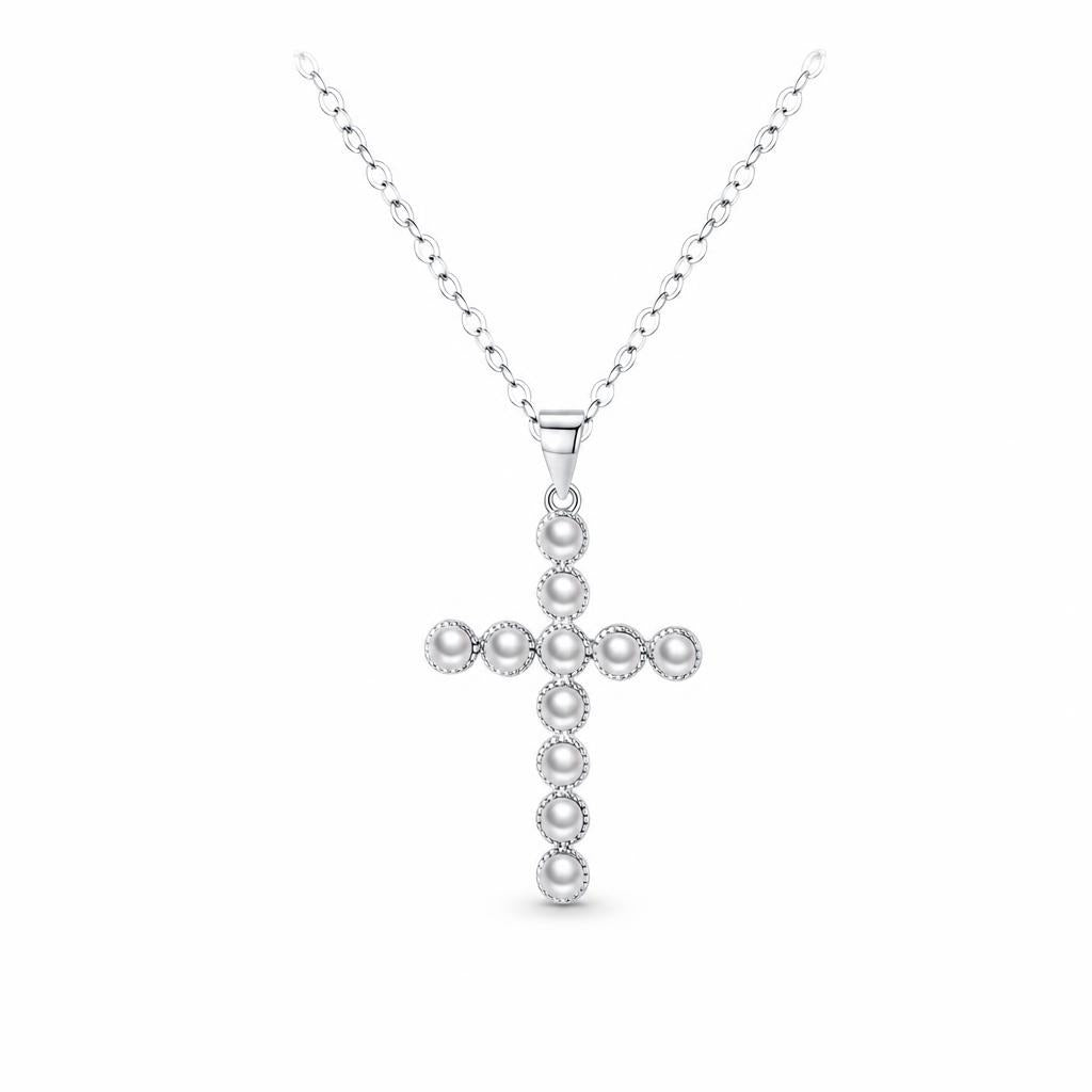 Pearl silver cross necklace in 925 sterling silver with simulated pearls and beaded rims on white