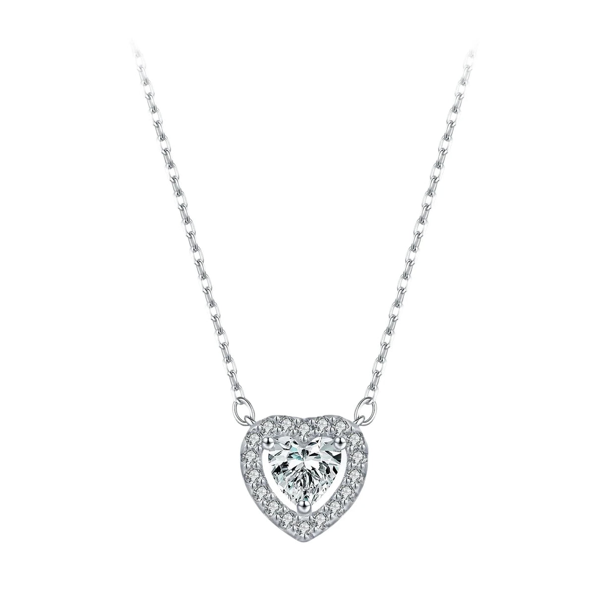Prong set heart necklace in 925 sterling silver with a moissanite center on a white background