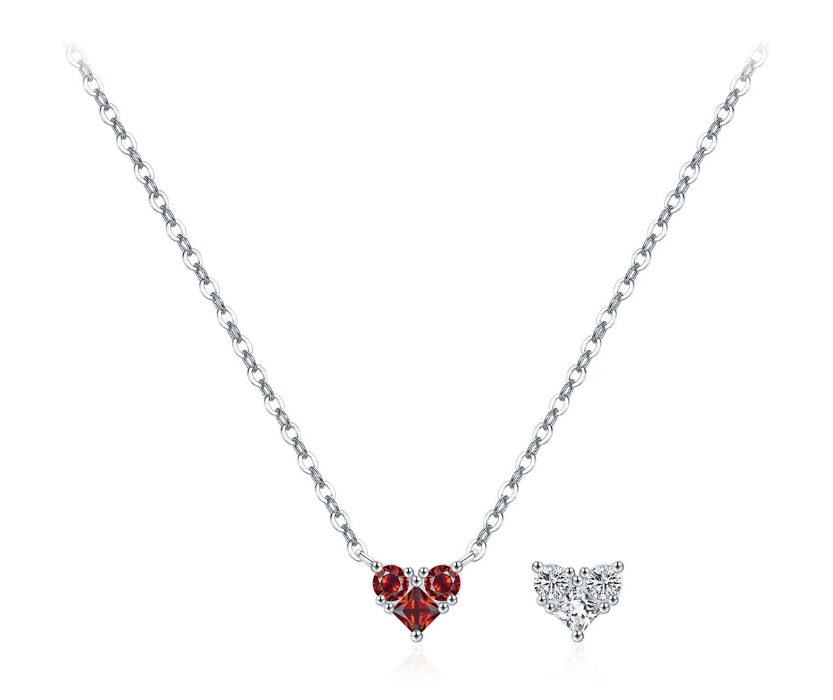 Red CZ heart necklace with a faceted heart stone and two round accent stones