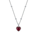 Close-up of the red CZ heart necklace with a scalloped beaded silver-tone frame