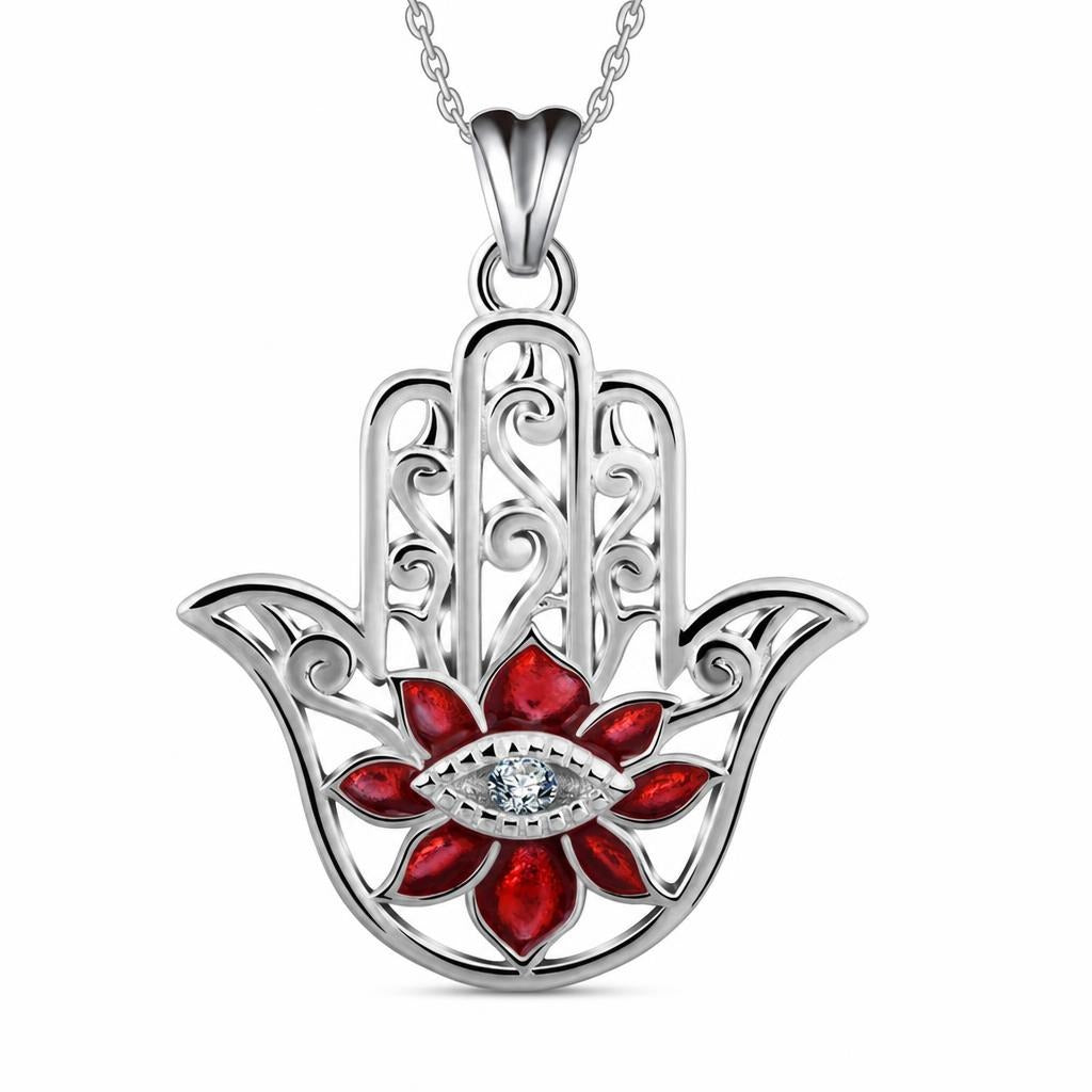 Red Flower Hamsa Hand Necklace in 925 Sterling Silver on a plain white background