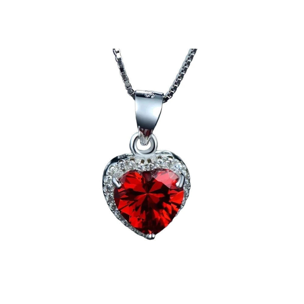 Red halo heart necklace in 925 sterling silver with a faceted red CZ heart and clear CZ border