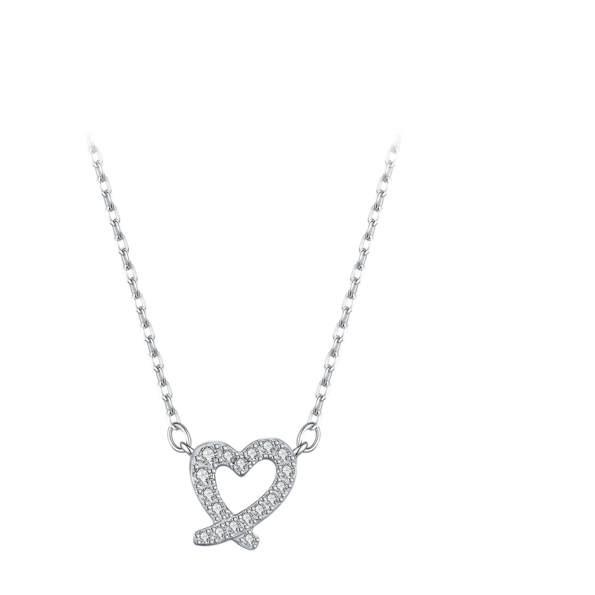 Ribbon heart necklace in 925 sterling silver with moissanite open heart pendant and oval-link chain