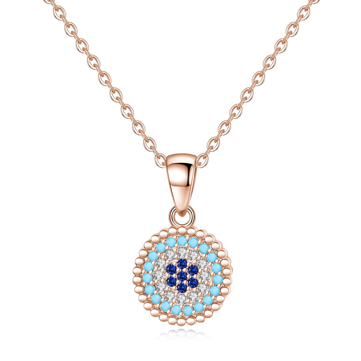 Rose gold-tone beaded evil eye necklace with light-blue, clear and dark-blue CZ stone rings on white