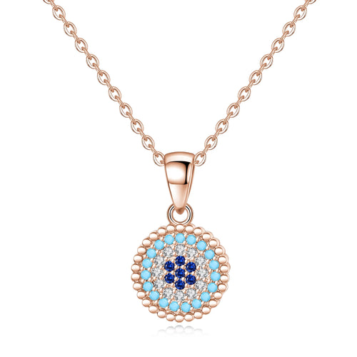 Rose gold-tone beaded evil eye necklace with light-blue, clear and dark-blue CZ stone rings on white