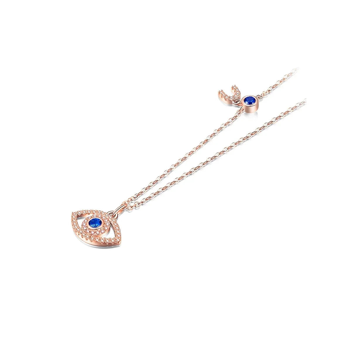 Rose gold-tone evil eye necklace with a blue CZ center, clear stone outline, and crescent chain charm on white