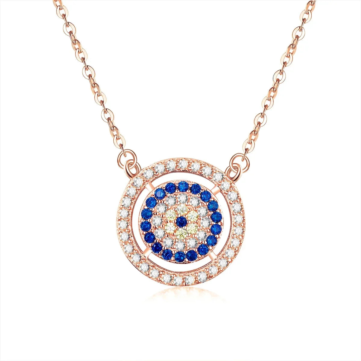 Rose gold-tone evil eye necklace with double stone halos and a blue, clear and pale-yellow center