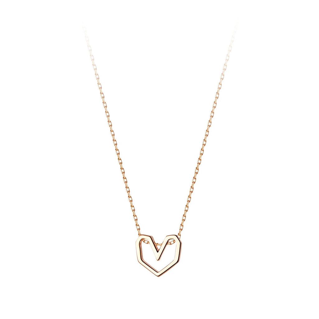 Rose gold-tone geometric heart necklace displayed on a white background with a fine link chain