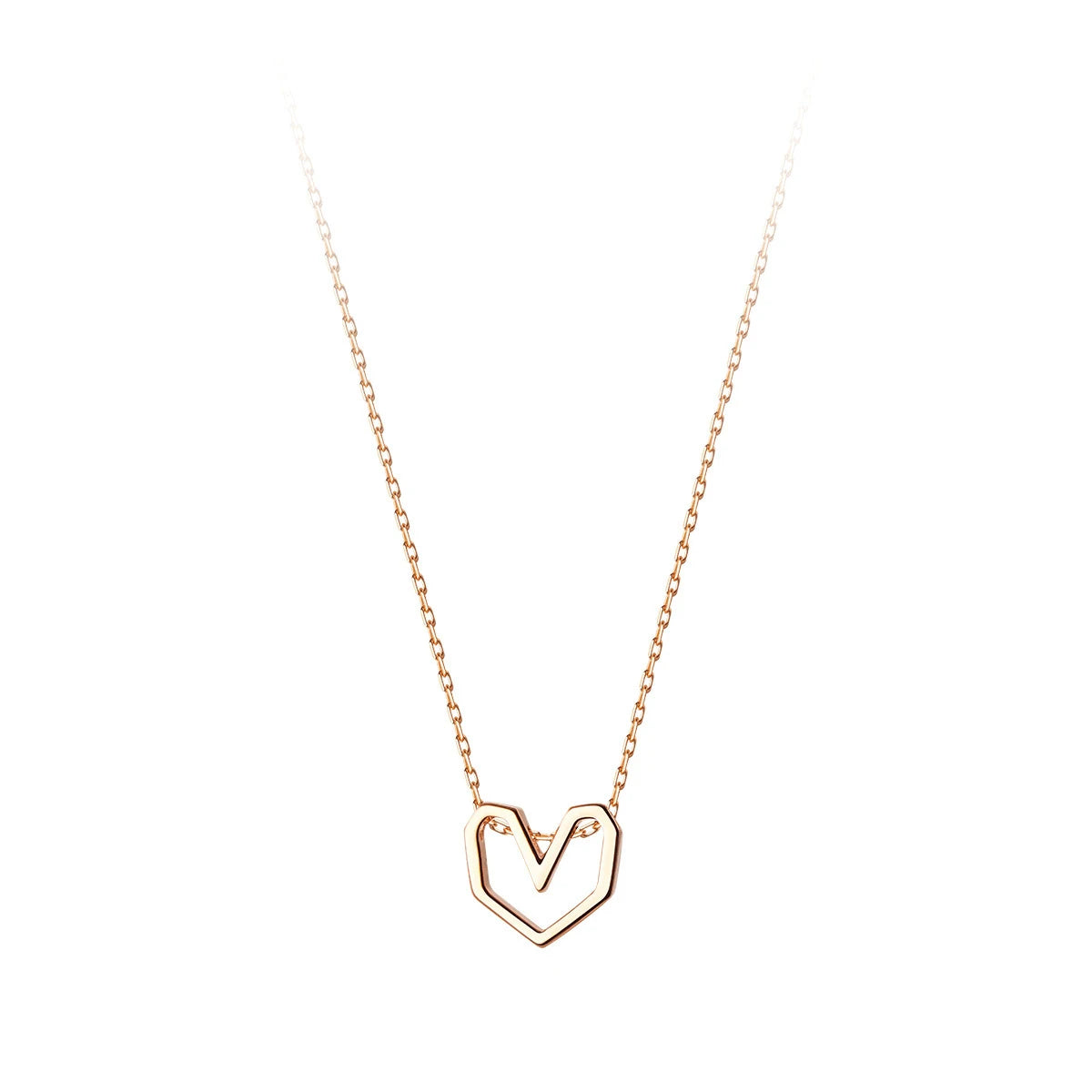 Rose gold-tone geometric heart necklace displayed on a white background with a fine link chain