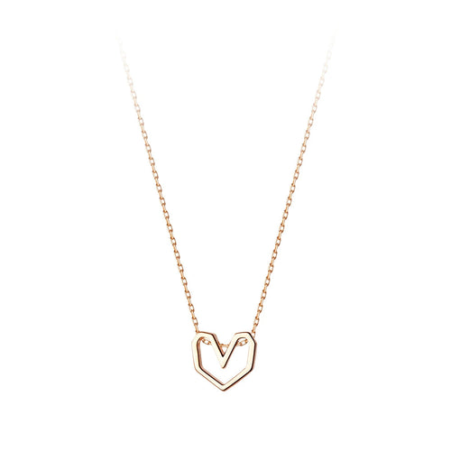 Rose gold-tone geometric heart necklace displayed on a white background with a fine link chain