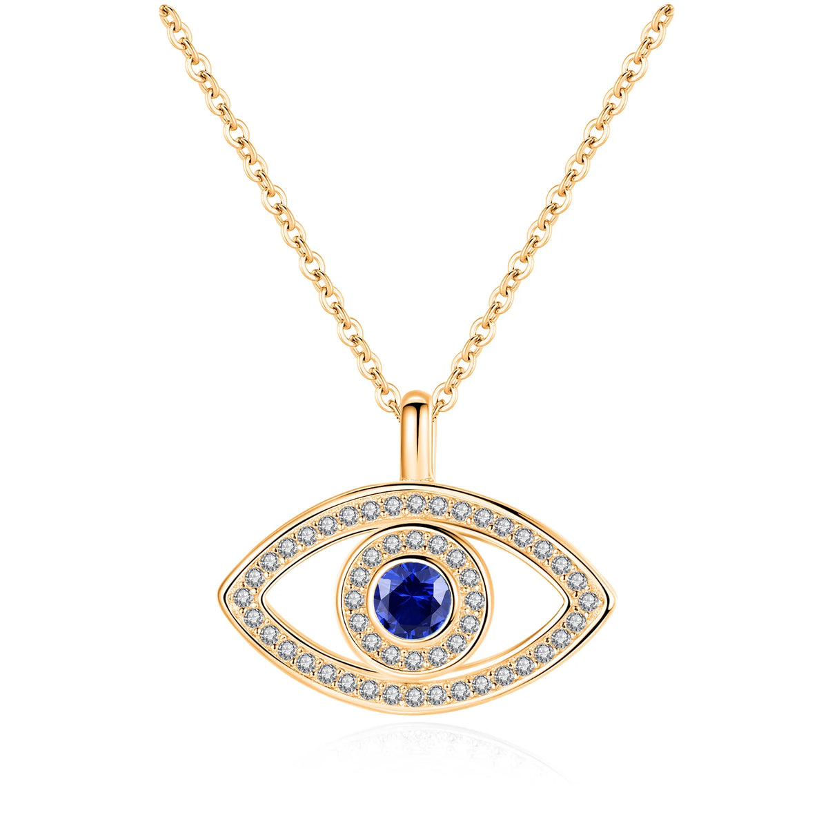 Rose gold-tone halo evil eye necklace with blue center stone and double clear CZ stone border
