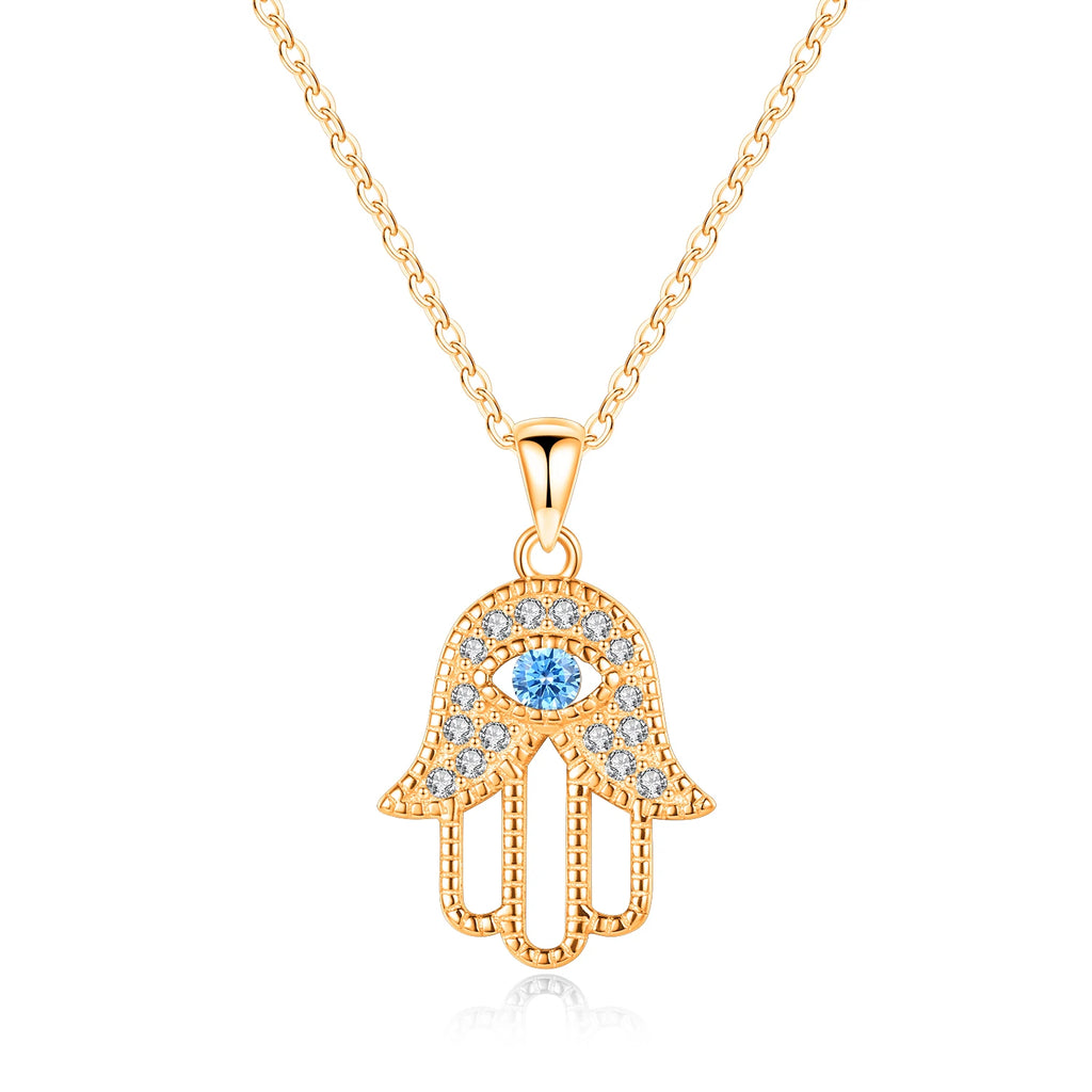Rose Gold-Tone evil eye hamsa hand necklace with clear CZ accents and beaded borders on white
