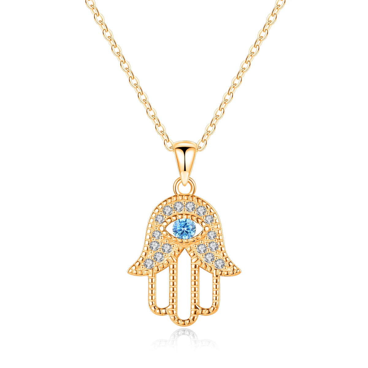 Rose Gold-Tone evil eye hamsa hand necklace with clear CZ accents and beaded borders on white