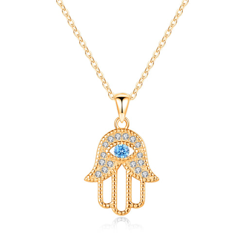 Rose Gold-Tone evil eye hamsa hand necklace with clear CZ accents and beaded borders on white