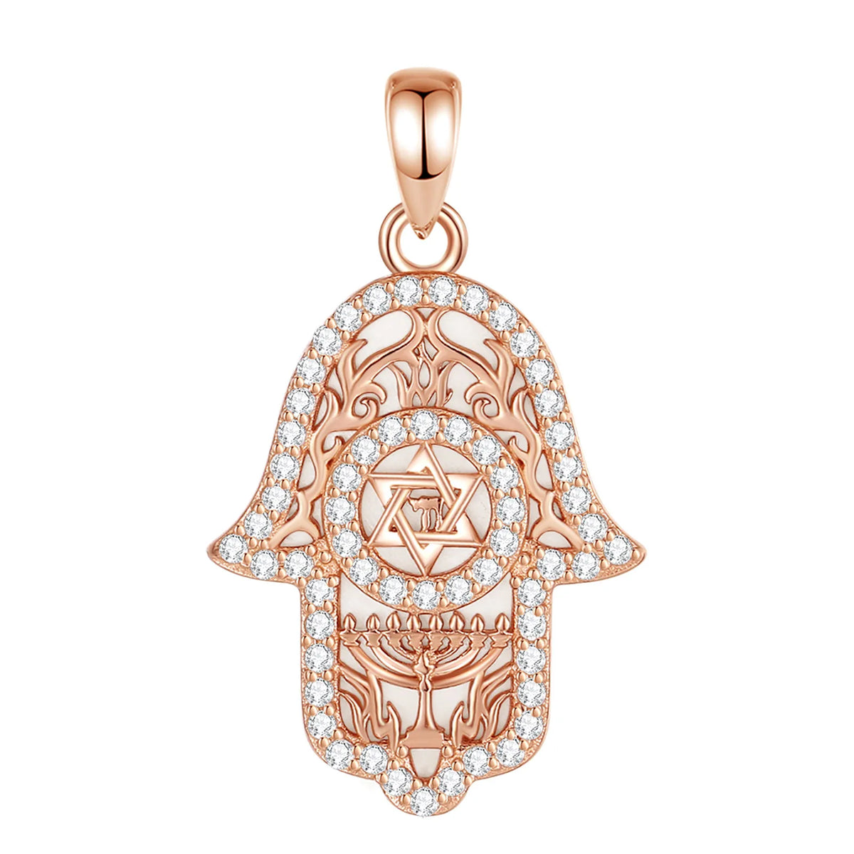 Rose gold Hamsa pendant only with a centered Star of David, clear CZ stones, and scroll filigree