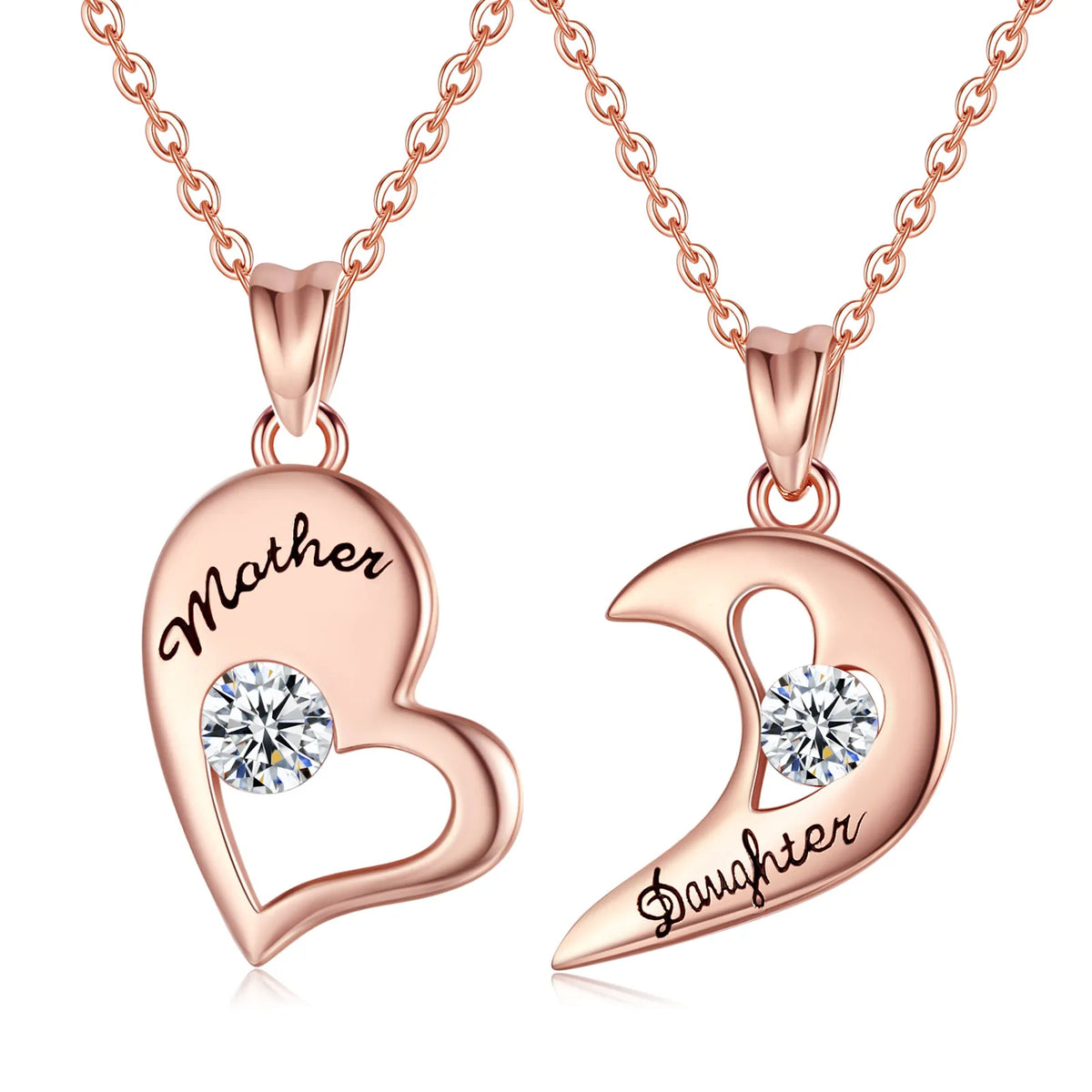Rose gold-tone Mother heart and Daughter crescent necklaces on oval-link chains